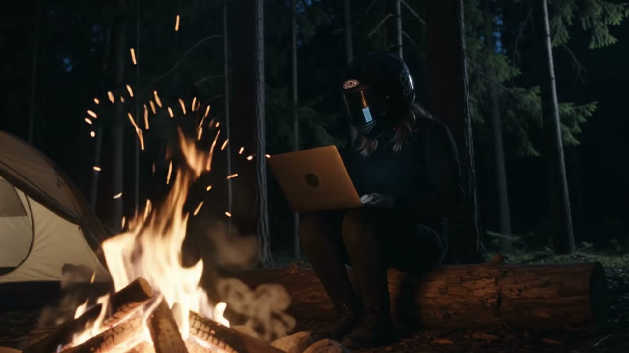 The sample creator at camp with a laptop.