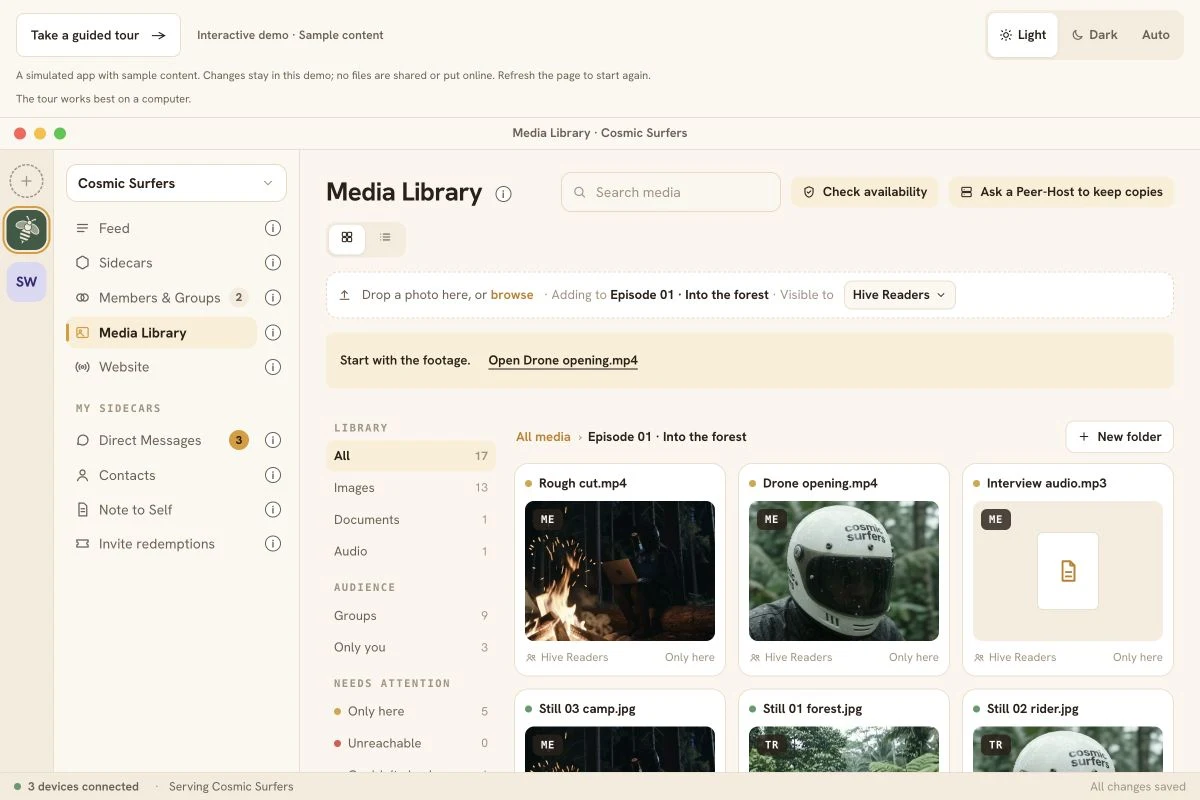 HummHive app demo showing the Cosmic Surfers episode’s media library.