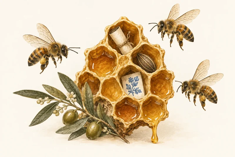 Painted bees around a honeycomb holding a scroll, a seed and a botanical drawing.